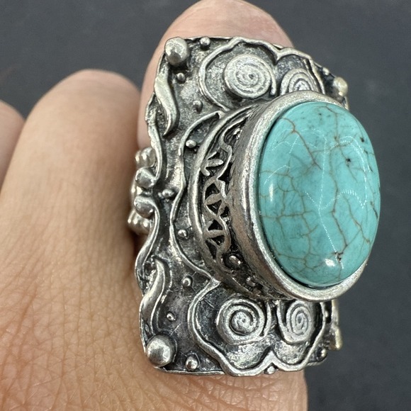 Vintage Turquoise Silver Tone Stretch Ring Big Comfortable Ring - Picture 3 of 16